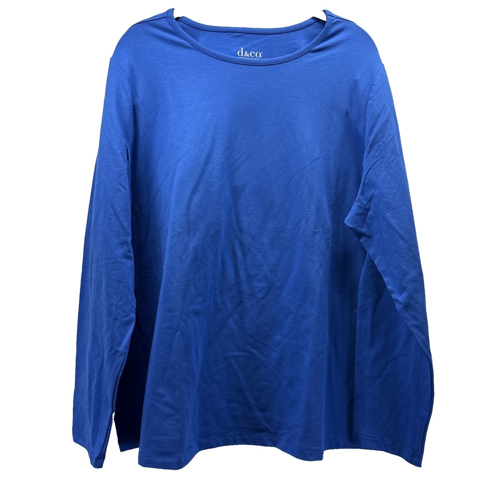 Denim & Co Womens Top Size 1X Plus Solid Blue Long Sleeves Pullover Cotton Blend